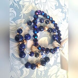 Set of 3 blue galss and ceramic beads